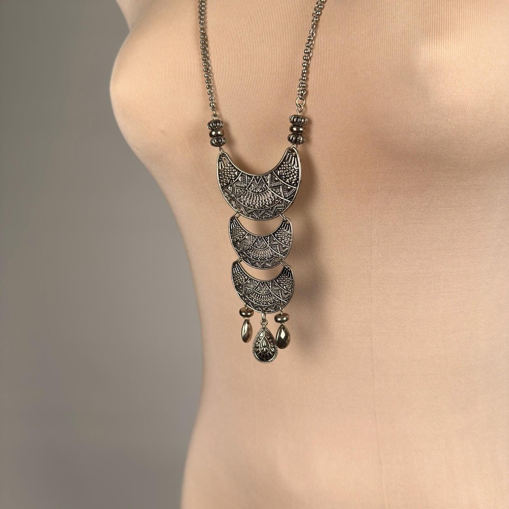 Boho Layered‎ Crescent Moon Pendant Necklace Bronze Tone Tassel Adjustable - Picture 5 of 6
